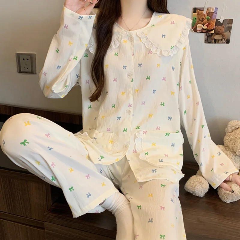 

Chunqiu Women's Instagram-Style Fresh Bow Pajamas, Girl's Cloud Cotton Long-Sleeve and Long-Pants Lace Doll Collar Homewear Set