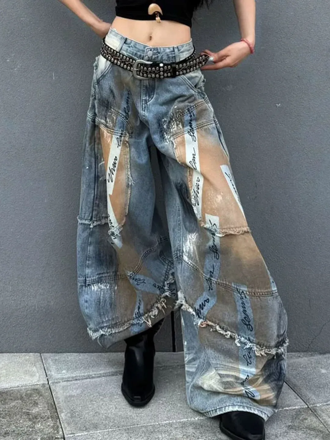 American Hand-Painted Letter Wide Leg Jeans Women's High Waist Loose Casual Floor-Length Pants with Pocket Denim Blue