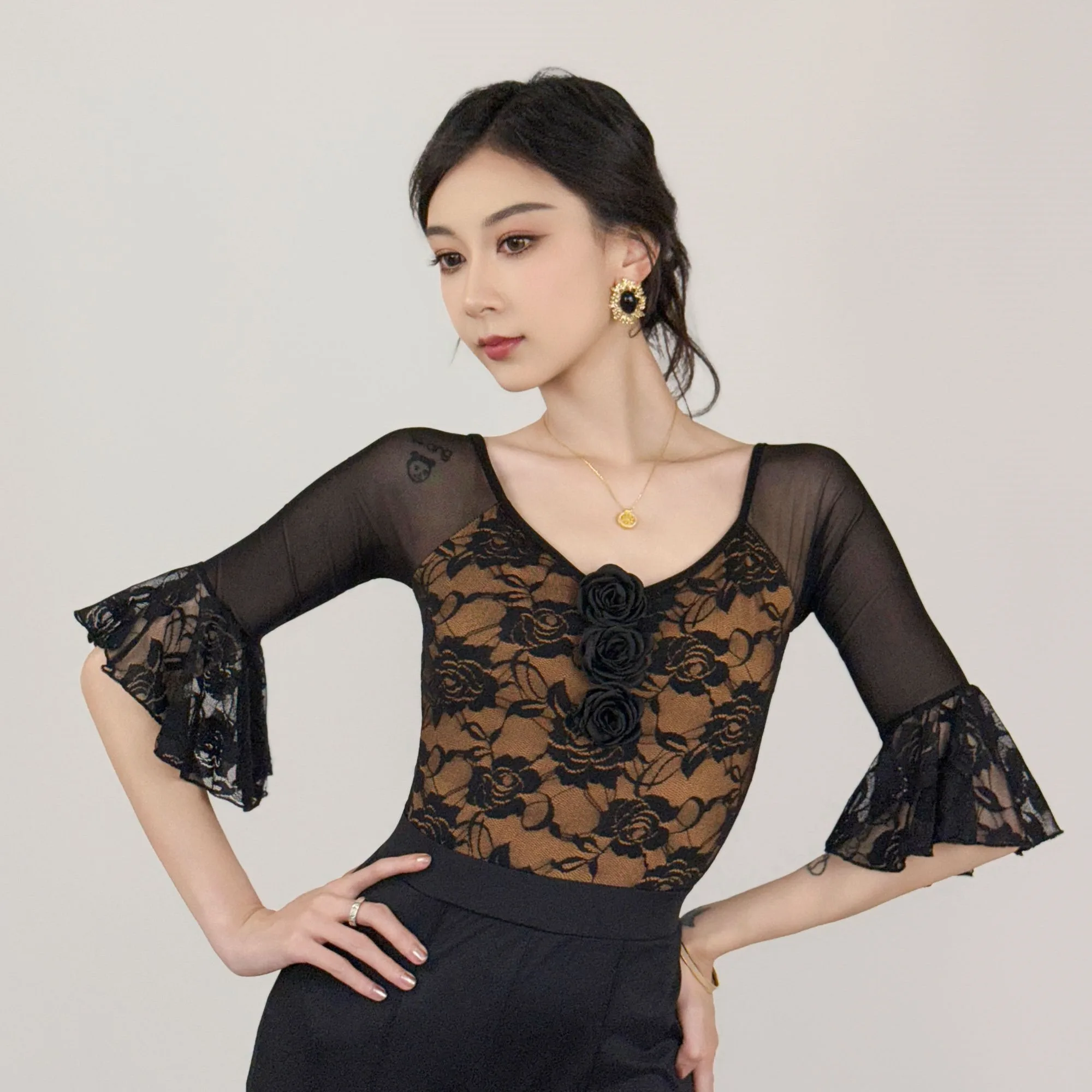 

New Women Ballroom Dance Modern Dance Top Lace Print Mesh Top Chacha Rumba Tango Dance Dress Latin Dance Costumes Wear DN21107