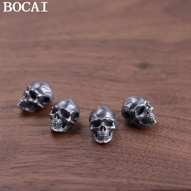 BOCAI New Real S925 Silver Antique Handmade DIY Hand Strap Bracelet Horizontal Perforation Skull Silver Jewelry Accessories
