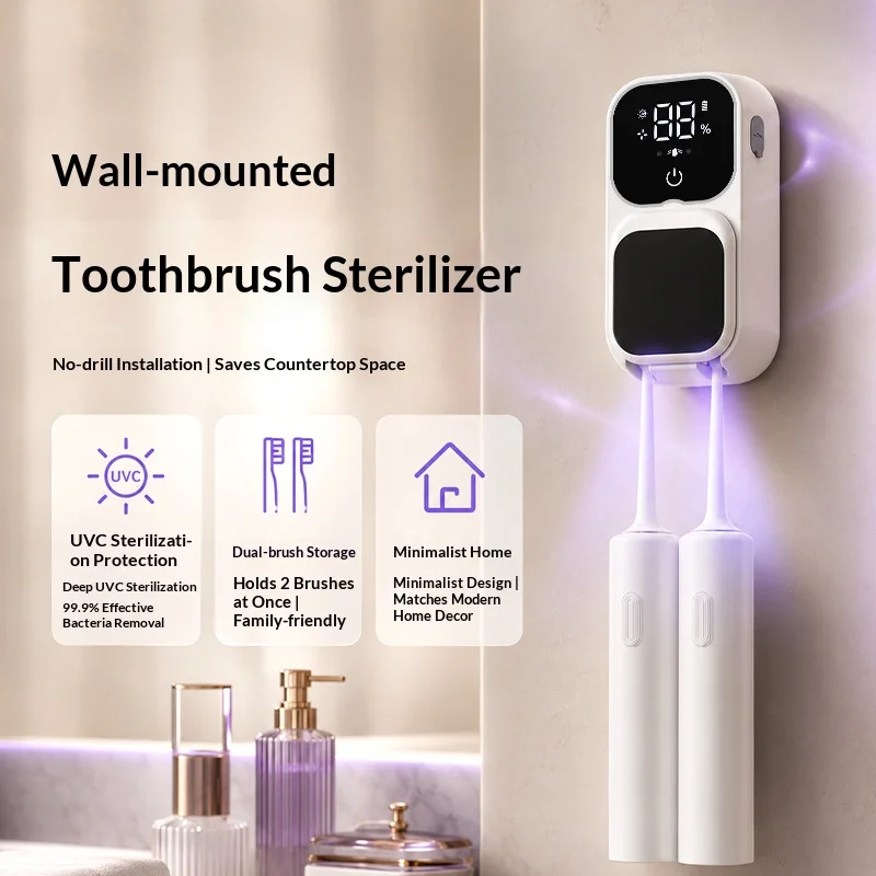 Rechargeable Smart Double Toothbrush UV Sterilizer Wall Mount Toothbrush Holder UV Disinfection & Air Drying Digital Display - view 3