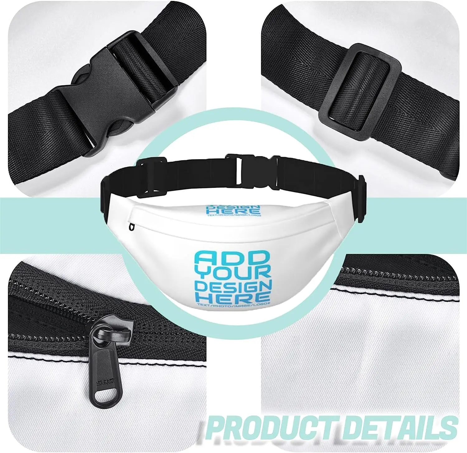 Saco de cintura ajustável personalizado, Pacote de cinto com o texto do logotipo da imagem, Pacote de Fanny durável para o exterior, viagens,
