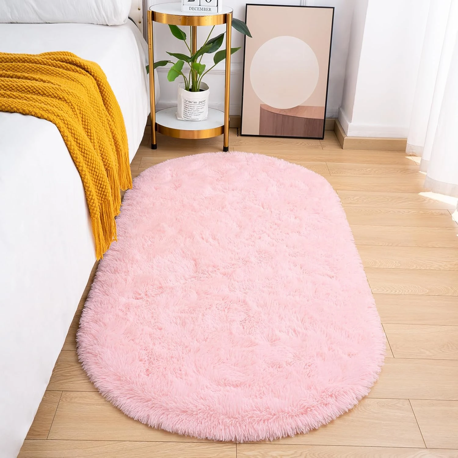 VIKAMA Solid Color Oval Fluffy Area Rug Durable Easy Care Soft Floor Mat For Bedside Dormitory Living Room Home Decor