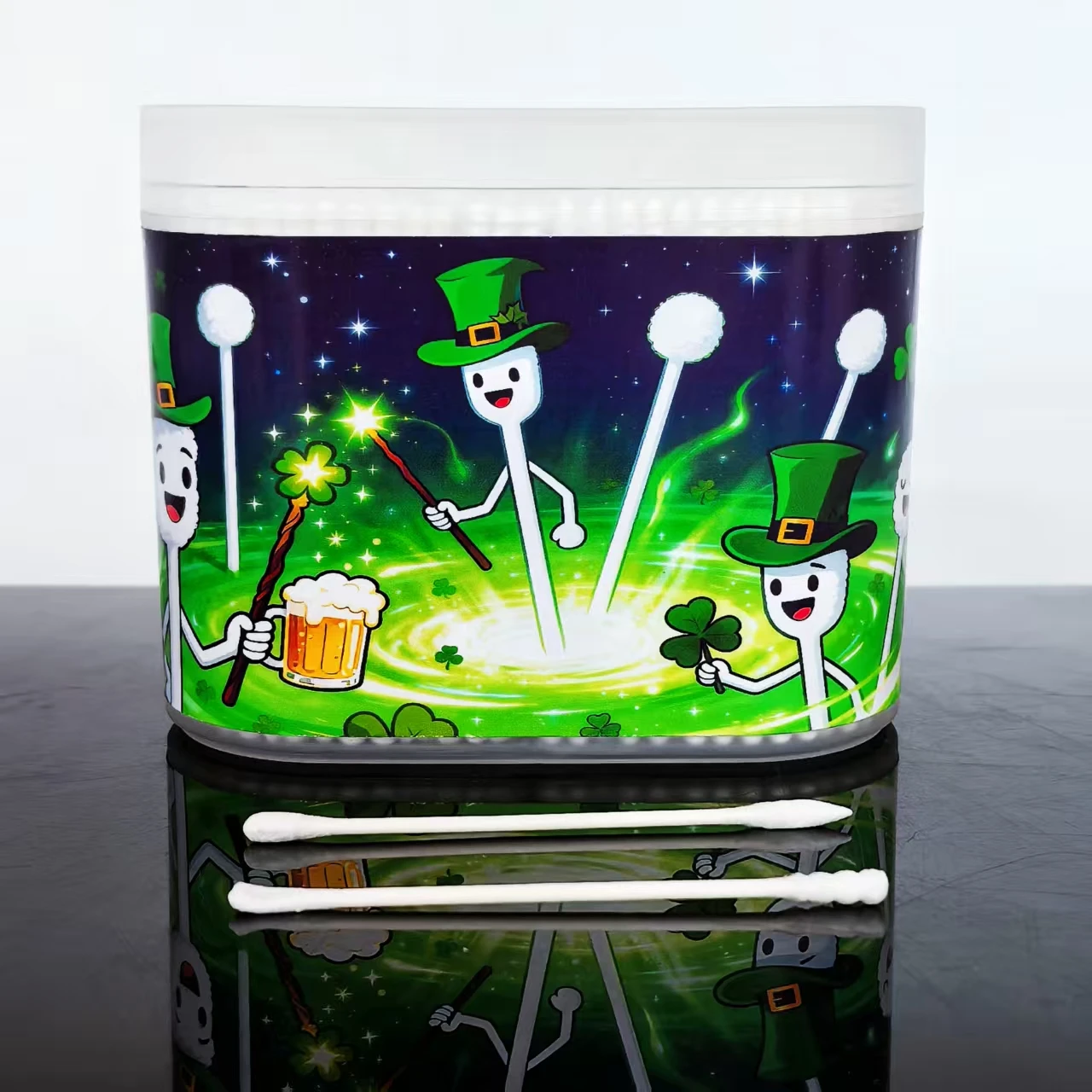 600 Uds. Hisopos de algodón con temática del Día de San Patricio, bastoncillos de algodón de doble cabeza, hisopos de algodón diarios para el hogar con palo de papel fino