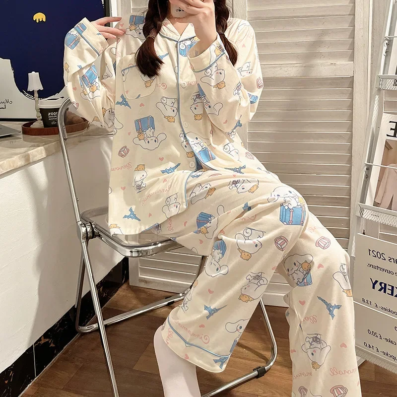 

Sanrio Cinnamoroll Anime Women'sPajamas Set Cartoon Long Sleeved Home Clothes Autumn Comfortable Can Be Worn Outside Nightgown