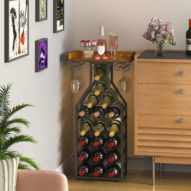 Wine Rack Freestanding Floor, Wine Storage Rack Mini Bar Table with Tabletop, Glass Holder Wine Bottle Display Stand L