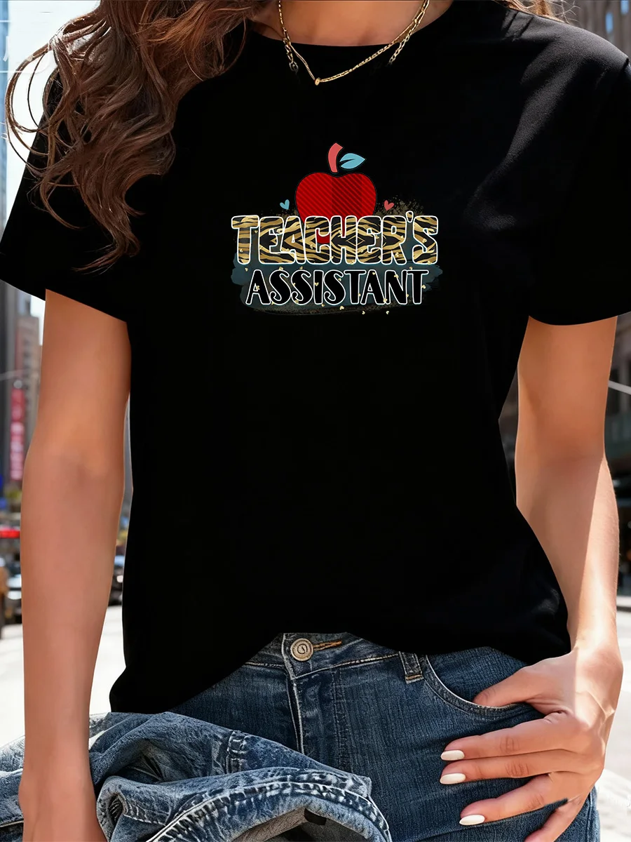 

Black Short Sleeve "Teacher's Assistant" Graphic T-Shirt with Red Apple Print
