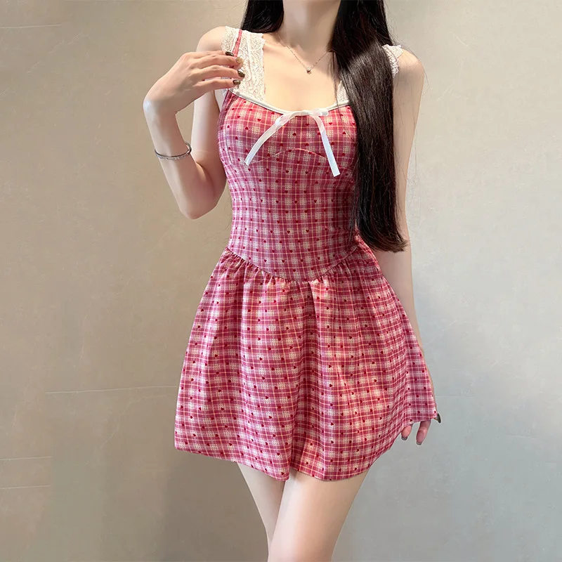 sexy red plaid heart print swimsuits one piece white lace bodysuits mini dress culottes bikinis padded swimwear beach outfits