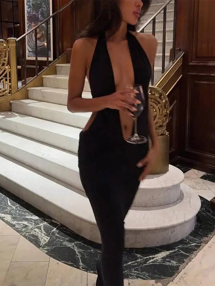 Ahagaga Mode Halter frauen Maxi Kleider Solide Tiefem V-ausschnitt Ärmellose Blackless Bandage Mantel Bodycon Party Vestidos Roben