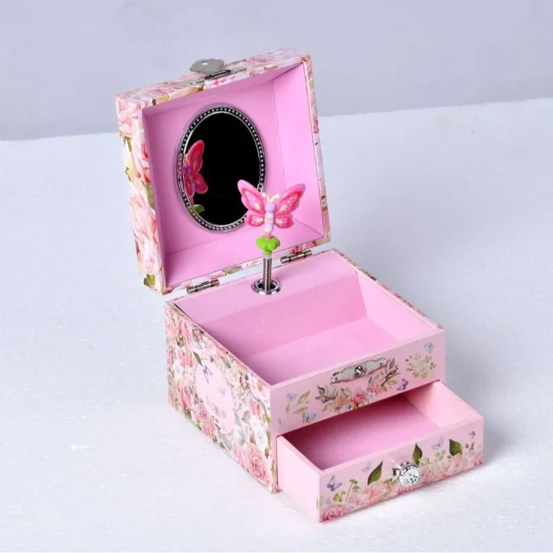4-inch Pink Butterfly Flower Jewelry Storage Box Makeup Mirror Music Box Children's Day Valentine's Day Christmas Gift