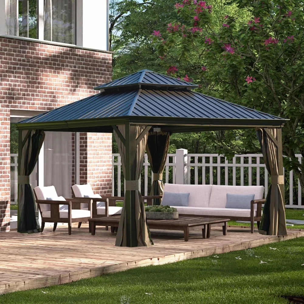 

12x12FT Hardtop Gazebo with Netting & Curtains, Outdoor Aluminum Frame Gazebo with Galvanized Steel Double Roof, Outdoor