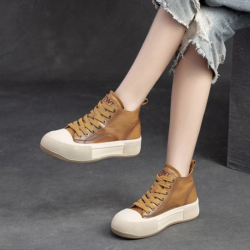 GKTINOO Spring Autum High Top Women Sneakers Genuine Leather Lace-Up Casual Shoes Handmade Concise Platform Sneakers