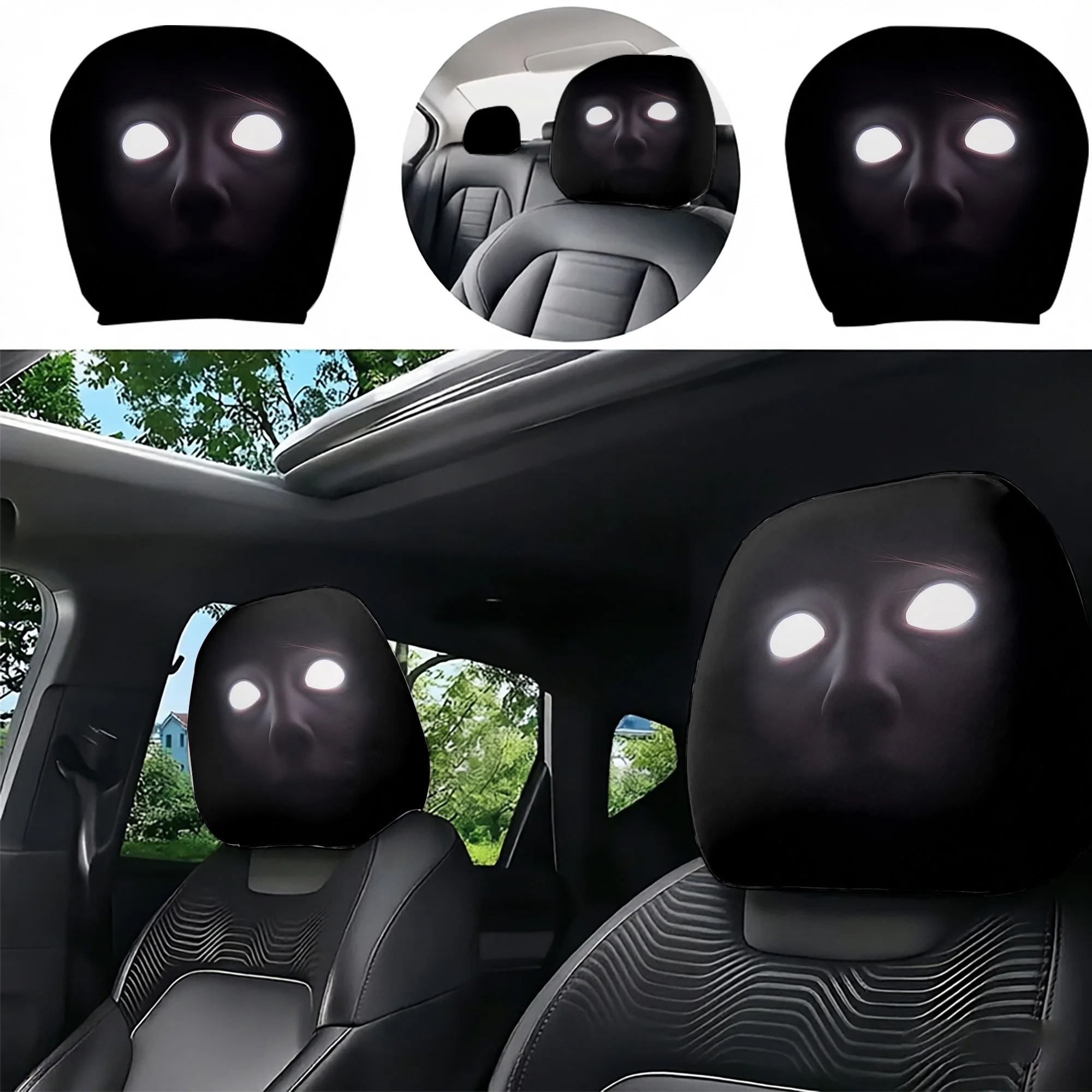 2pcs Spooky Eye-Patterned Car Headrest Covers—add a mysterious and bold style to your car’s interior. Filling not included. Easy