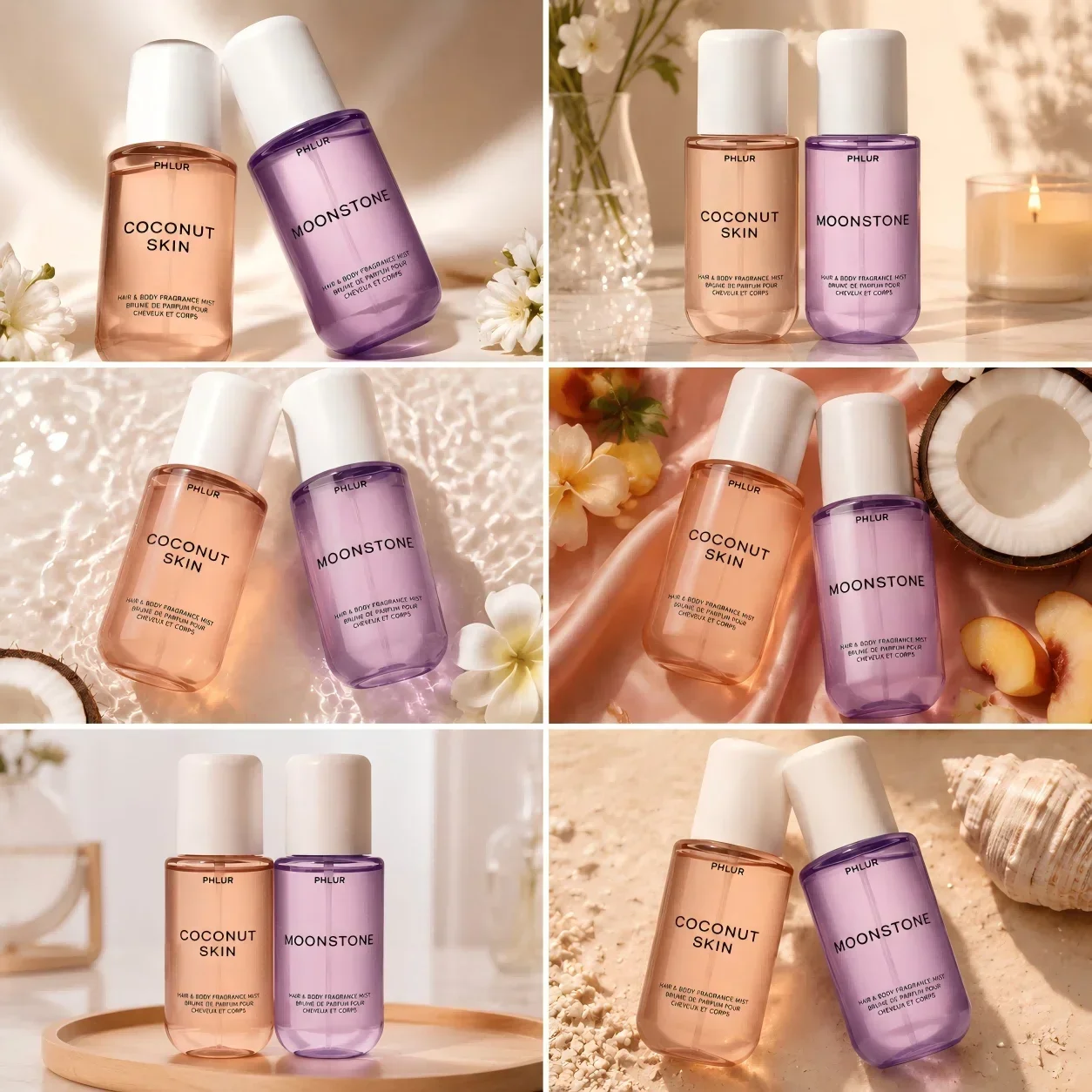Conjunto de Névoas Perfumadas para Cabelo e Corpo PHLUR Coconut Skin & Moonstone, 2 Unidades de 240ml Cada, Spray Corporal com Aroma Duradouro, Névoa Perfumada Refrescante para Mulheres