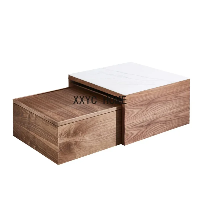 

Nordic Walnut Square Tea Table Retractable Combination Stone Plate Square Table Storage