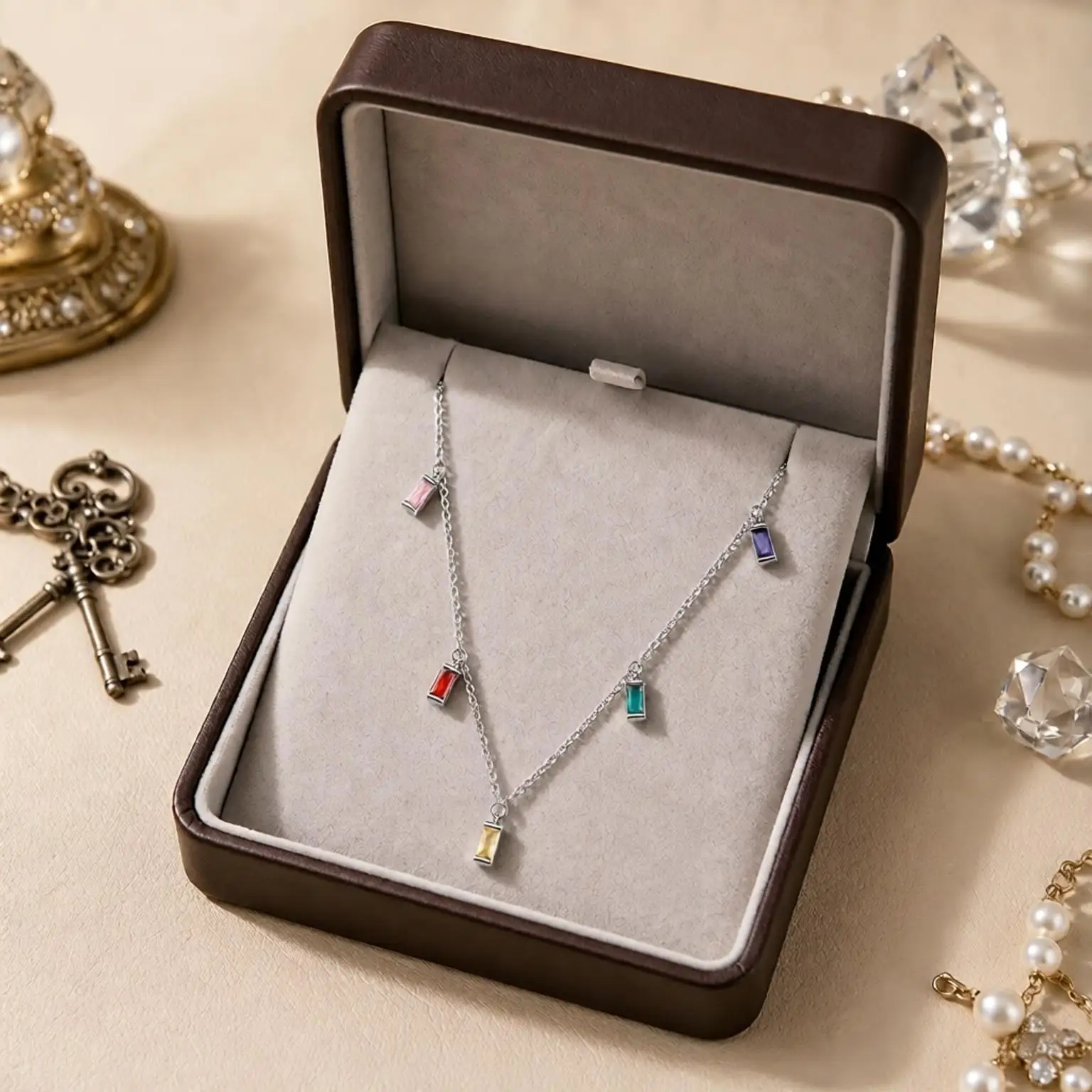 Pretty 925 Sterling Silver Square Colorful Crystal Zircon Pendant Necklaces for Women Girls Wedding Party Fashion Jewelry Gifts