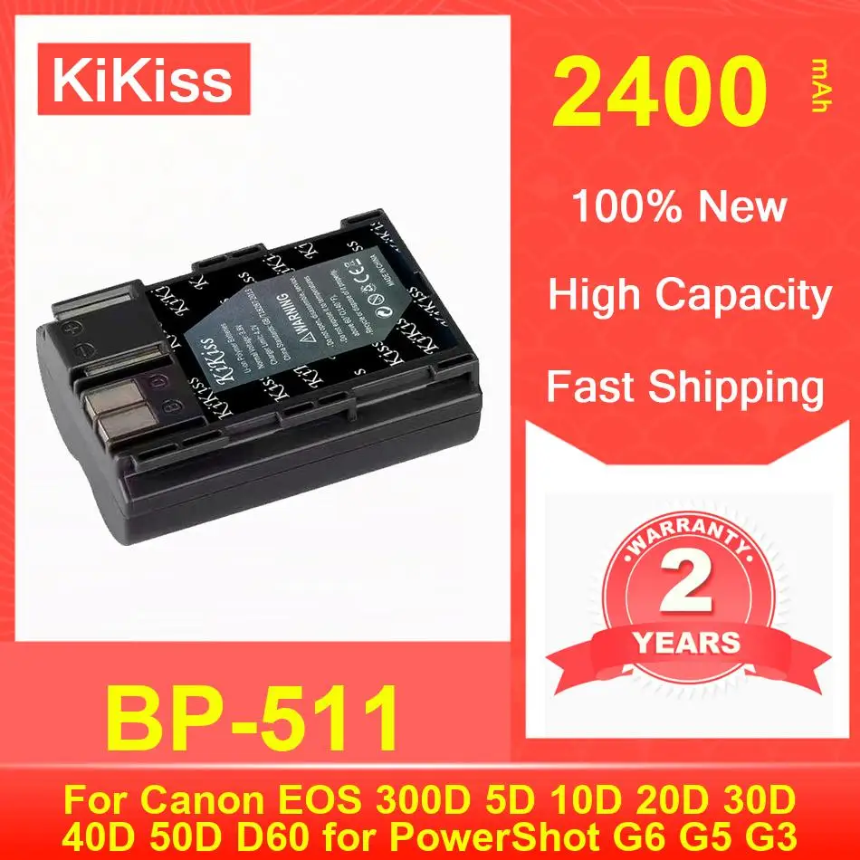 Аккумулятор Kikiss BP-511 2400 мАч для Canon EOS 300D 5D 10D 20D 30D 40D 50D D60 Powershot G6 G5 G3 G2 G1 Аккумулятор Kikiss BP-511 2400 мАч для Canon EOS 300D 5D 10D 20D 30D 40D 50D D60 Powershot G6 G5 G3 G2 G1