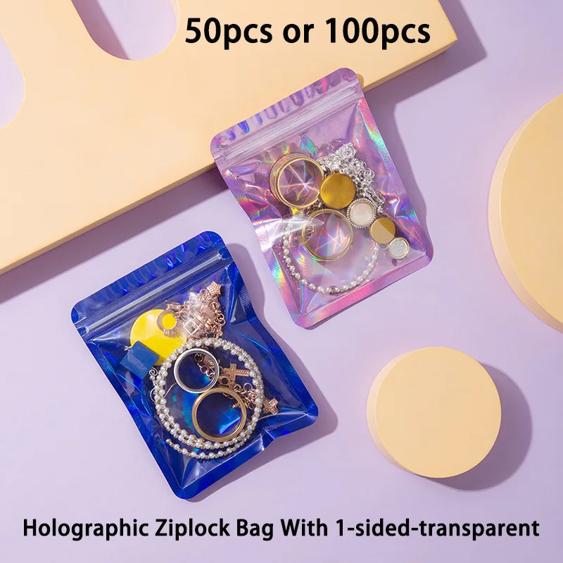 50 Stück/100 Stück holografische Druckverschlussbeutel, verdickte wiederverschließbare Kunststoffbeutel für Schmuck, Uhren, Brillen, kleine Bastelarbeiten