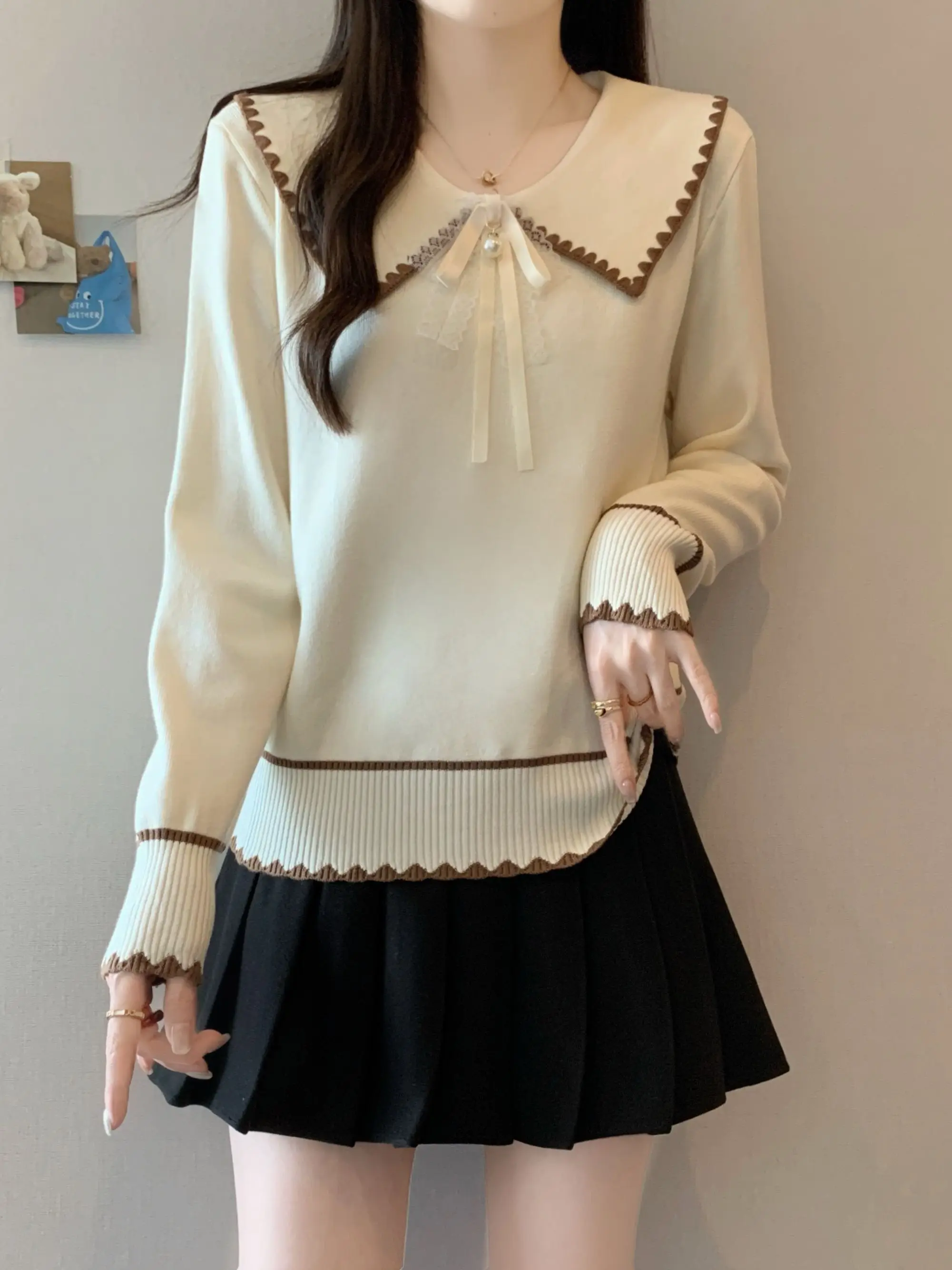 

Women's Knitted Sweater with Bow Collar Long Sve Inner Wear Slimming Soft Sle Small Fraance Sle Top for Autumn