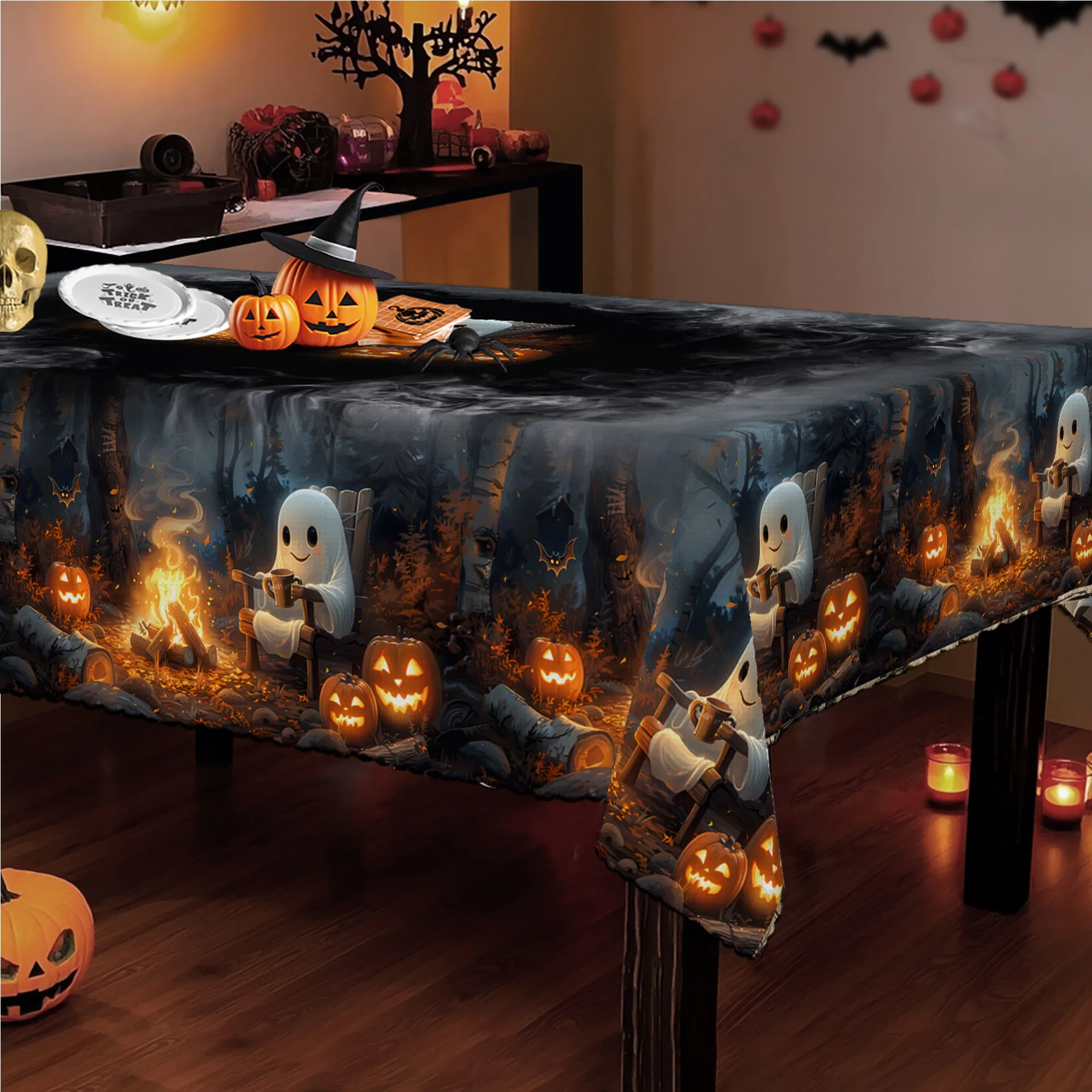 Halloween tablecloth - Cute ghost bonfire party decoration - Durable polyester fiber.PMJ