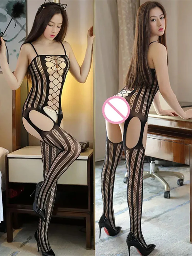 Sexy Hollow Teddies Bodysuit Erotic Open Crotch Lingerie Women Fishnet Hollow Bodystockings Mesh Floral Teddy Black Bodysuits