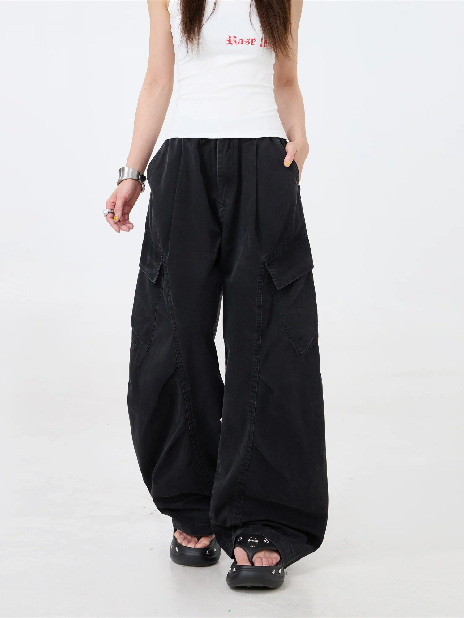 Retro American Black Work Trousers Women's High Street Side Large Pocket Knife  Pants Deconstructed Wide Leg Trousers