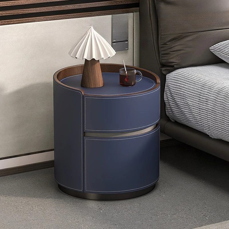 طاولة بجانب السرير مستديرة من الجلد الفاخر الخفيف، إبداعية