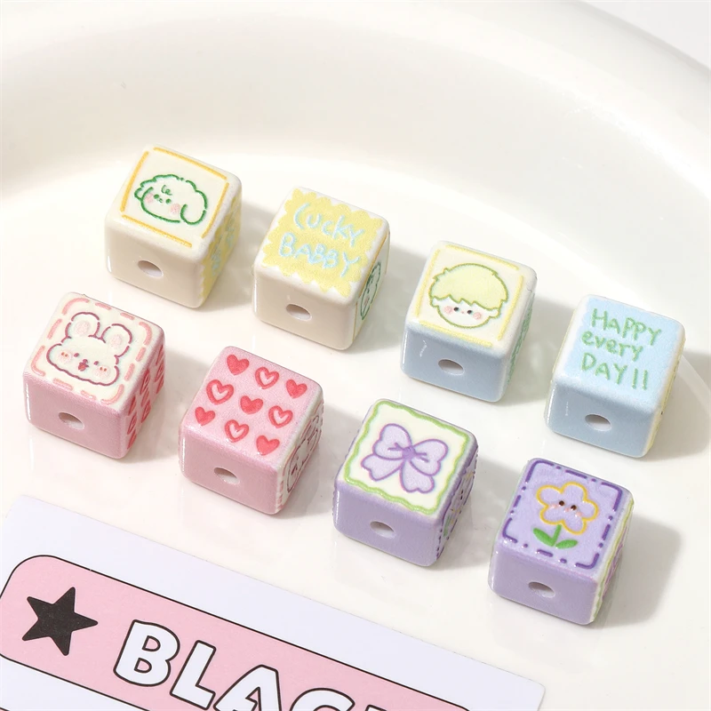 1/5Pcs 14x14mm Acrylic Cute Relief Pattern Square Beads Love/Rabbit/Flower Beads For Jewelry DIY Making Phone Chain Accessories