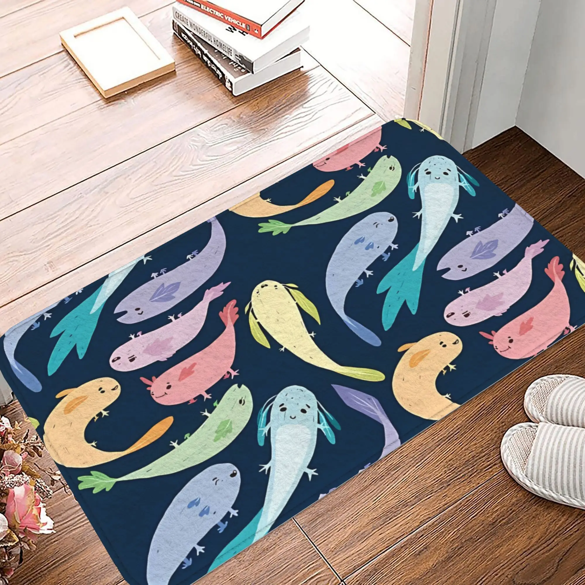 Cute Salamander Illustration Doormat – Pastel Rainbow Fish Pattern Non-Slip Polyester Floor Mat for Entryway, Living Room