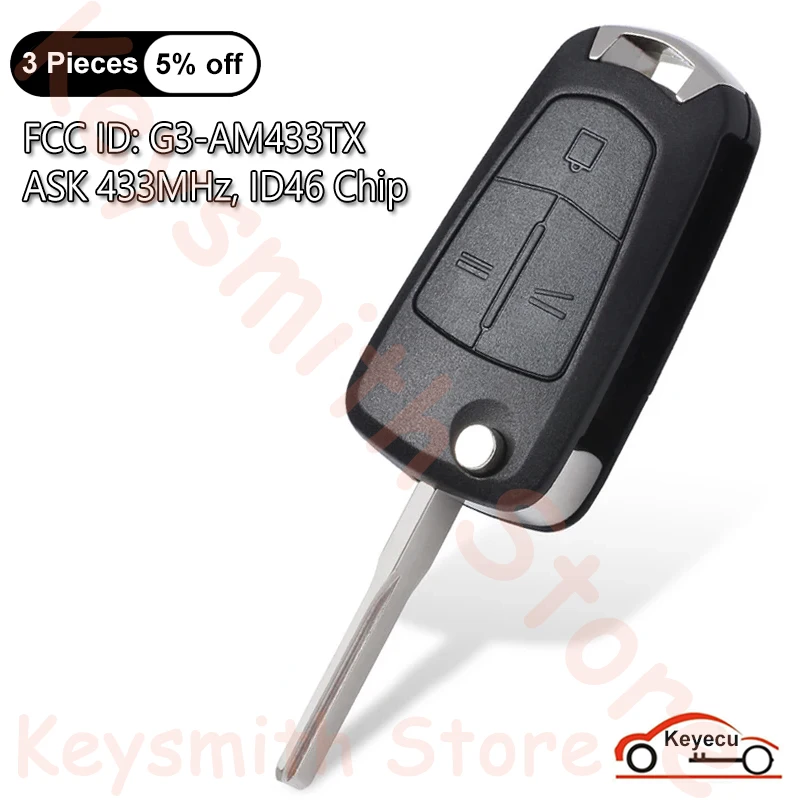 

KEYECU ASK 433MHz PCF7946 Chip Flip 3 Buttons Remote Key Fob for Vauxhall / Opel Vectra C,Signum 2003-2005 2006 2007 HU43 Blade