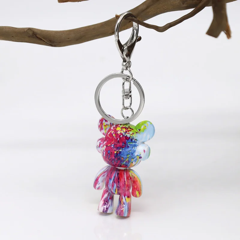 1 Piece Random Color DIY Graffiti Painting Keychain Acrylic Cartoon Bear Pendant Jewelry Gift Car key Bag Hanging Accessories