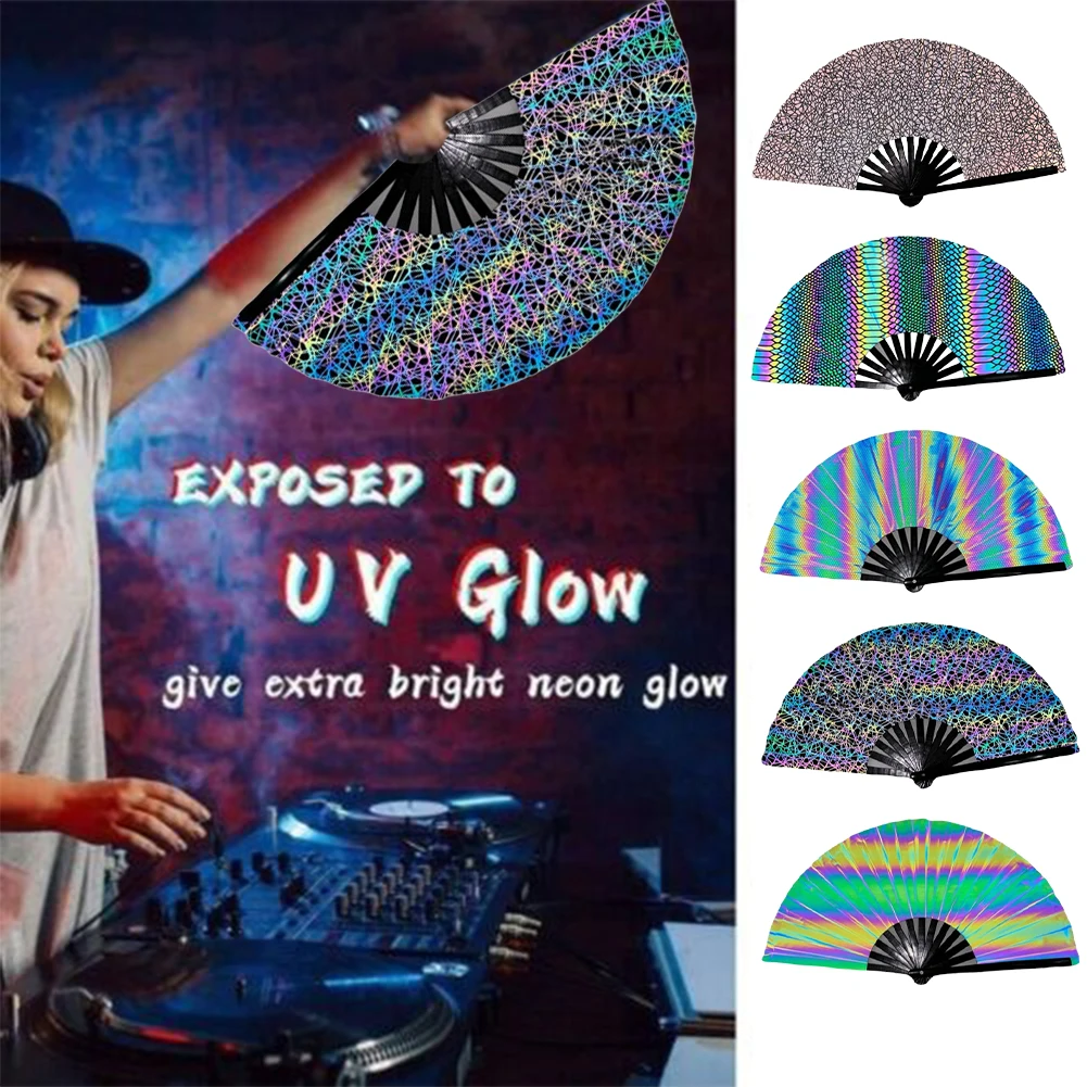 New Foldable Bamboo Fan 33cm Lightweight Holding Laser Colors Hand Fan Portable PVC Clack Clapping Fans for Line Dancing