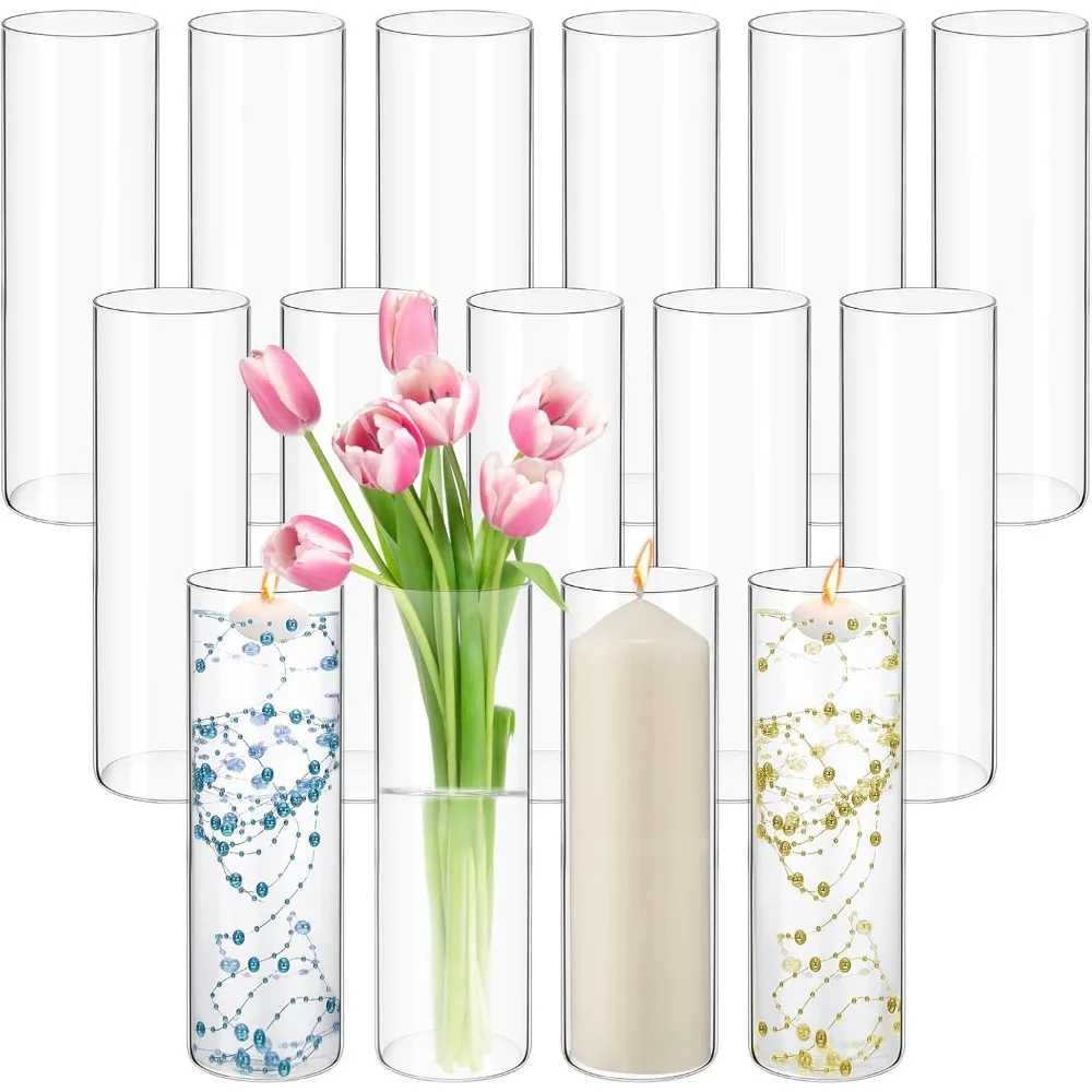 15Pack Glass Cylinder Vases for Centerpieces 14 Inch Tall Clear Flower Vases, Glass Hurricane Candle Holder, Party Home Decor.