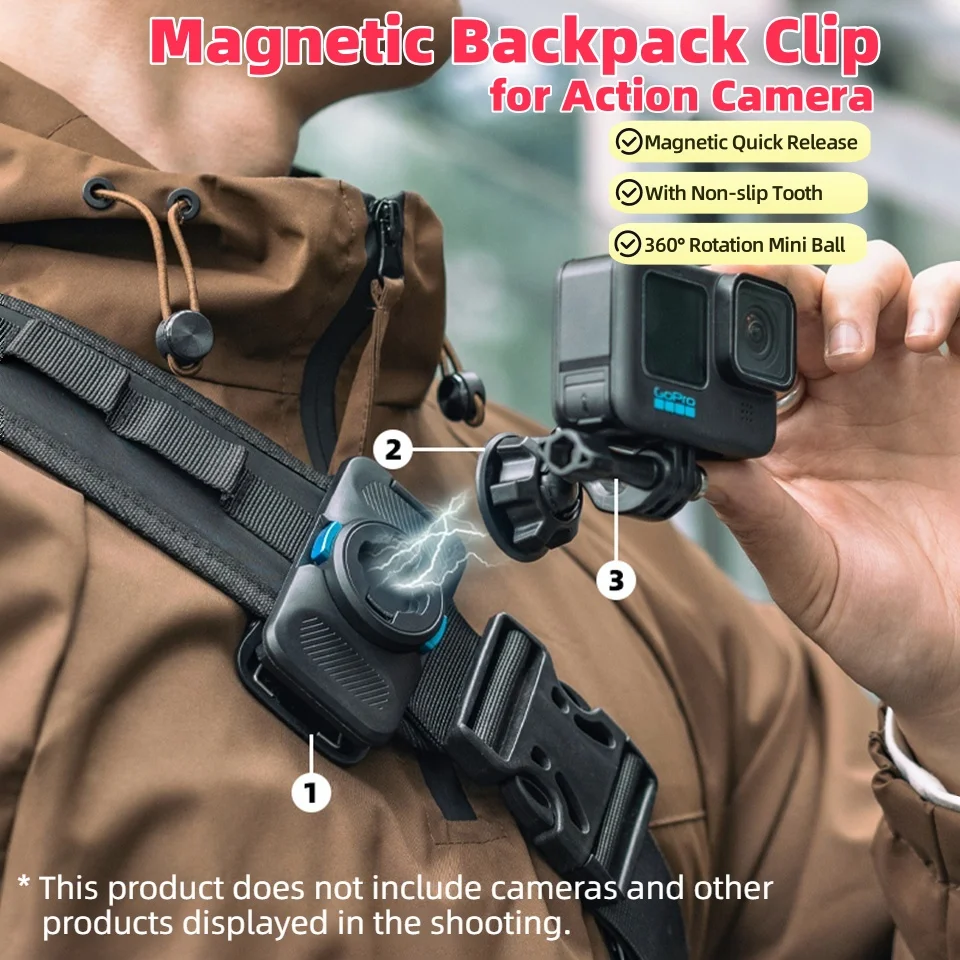 360° Magnetic Backpack Clip Quick Release Shoulder Fixed Bracket for Insta360 DJI Action 4 3 Gopro 13 12 11 10 9 Action Camera