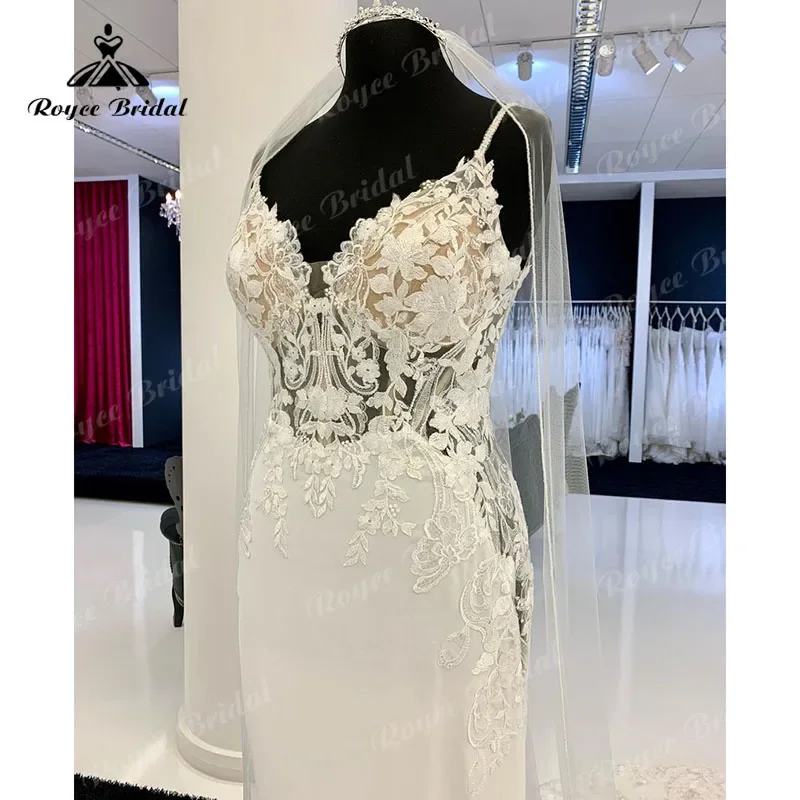 Boho sirena/trompeta tirantes espagueti cuello en V vestido de novia espalda abierta Apliques de encaje corte tren 2025 vestido de boda corte sirena