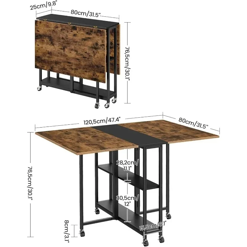 Expandable Movable Dining Table with 6 Wheels and 2-Tier Shelf, Space-Saving Versatile Design for Kitchen and Dining