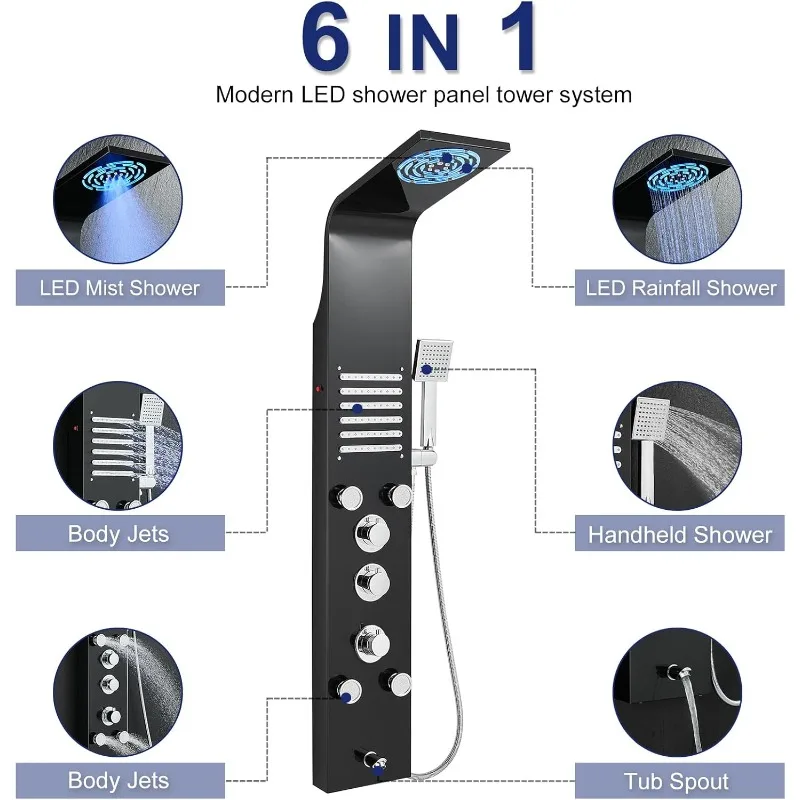 Unibody 6-in-1 LED Shower Panel Tower System with Rain Mist Head, 2 Modes Powerful Body Jets, Multi-function Handheld