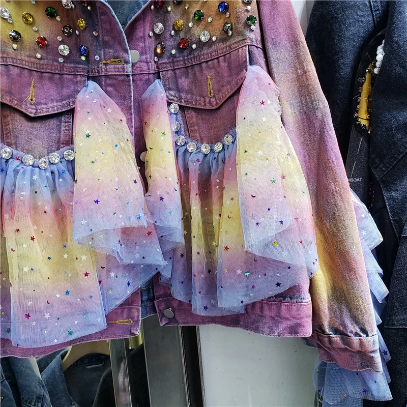 

Tie Dye Gradient Color Diamonds Mesh Splicing Pocket Denim Jacket Women Cowboy Outerwear Loose Short Jeans Jacket Coat Female