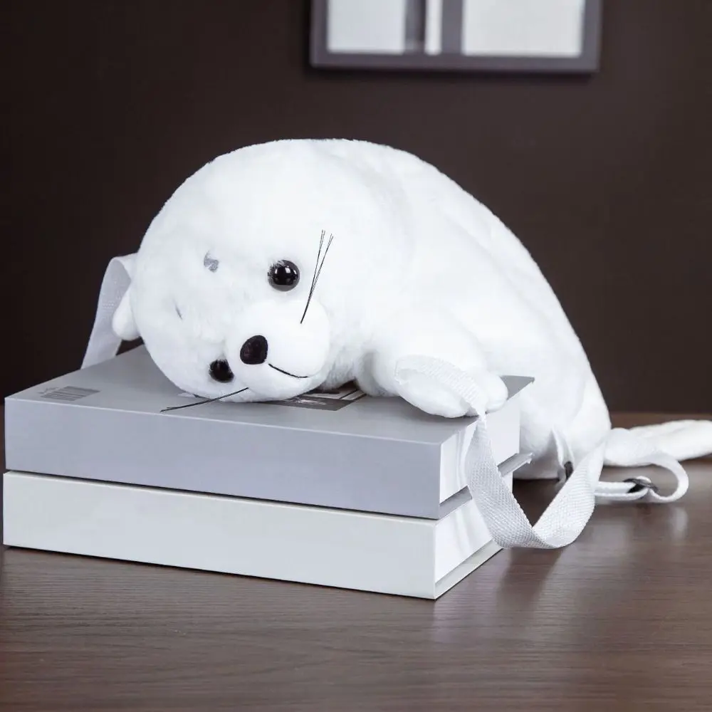 Joli cartable en peluche avec sceau, sac à bandoulière, mignon sac à dos en peluche blanc de 50CM, sac Lion de mer de dessin animé pour bébé