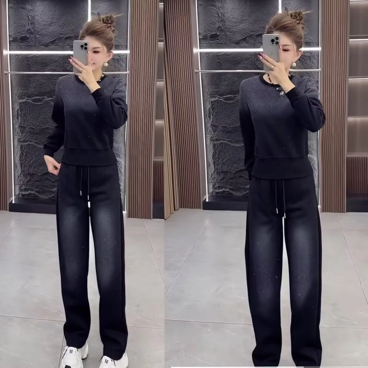 Fashionable Cotton-Like Twill Stretch Set Women's Spring Autumn Diamond Embellished Long Pants Two-Piece Casual Sportswear