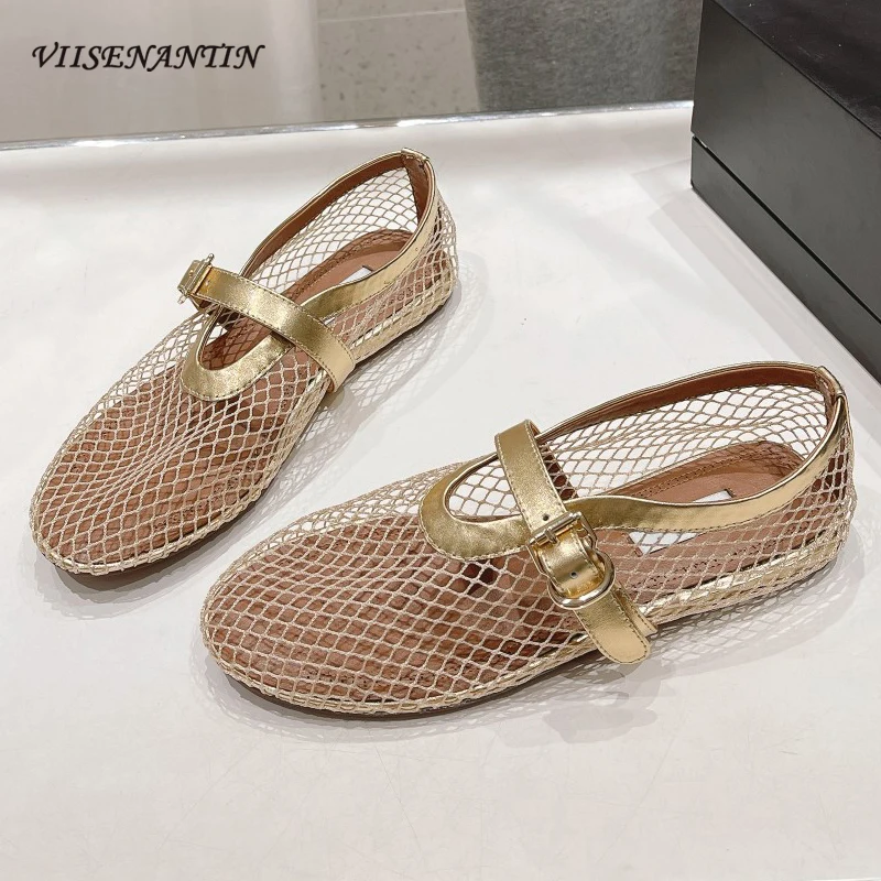 

Hot New Round Toe Ballet Flat Shoes Women Breathable Mesh Hollow Out Belt Buckle Loafers Spring Summer Vacation Mary Jane Shoes