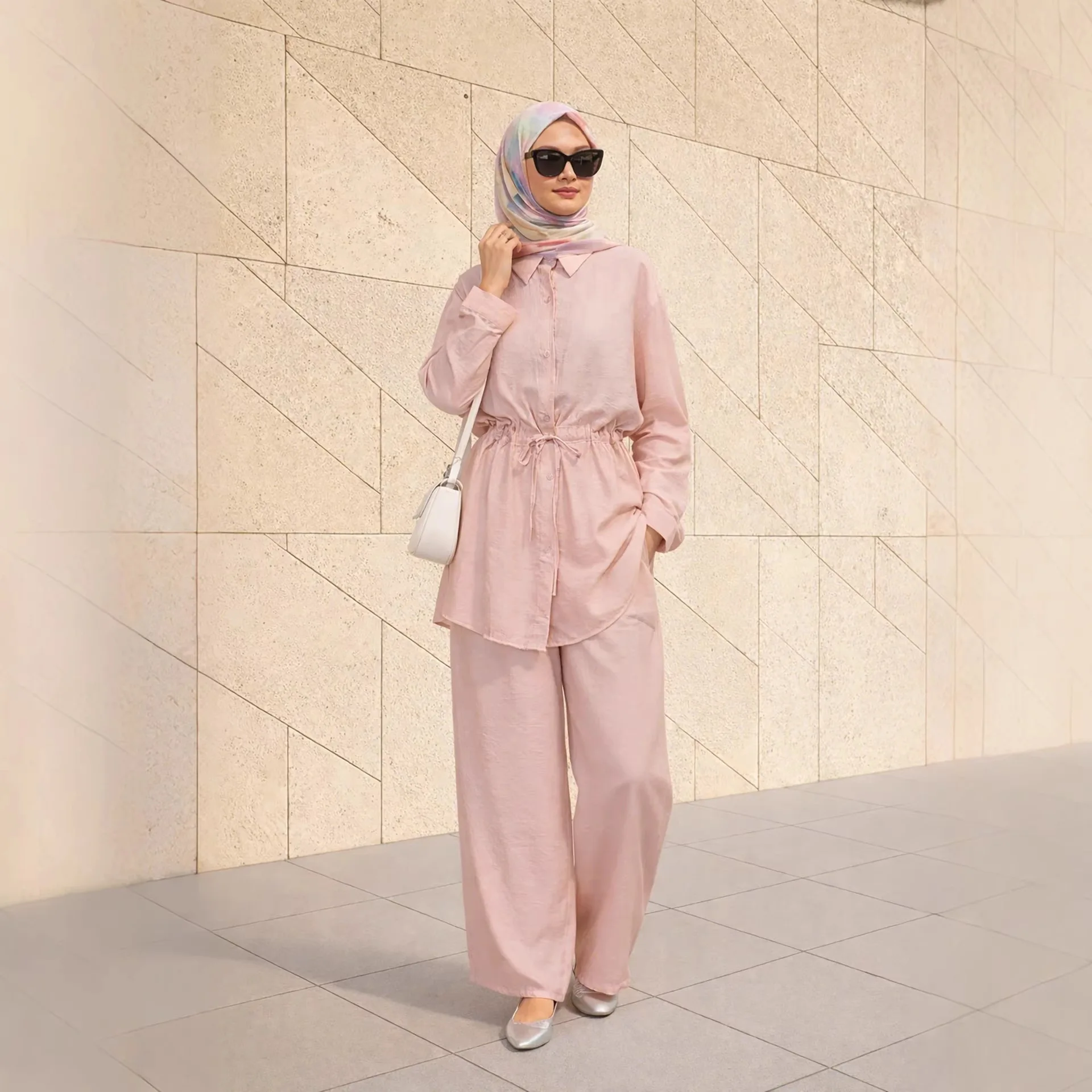 

Eid Women 2 Piece Set Drawstring Shirt Wide Leg Pant Muslim Blouse Jalabiya Ramadan Dubai Musulman Ensembles Arab Long Tops 2026