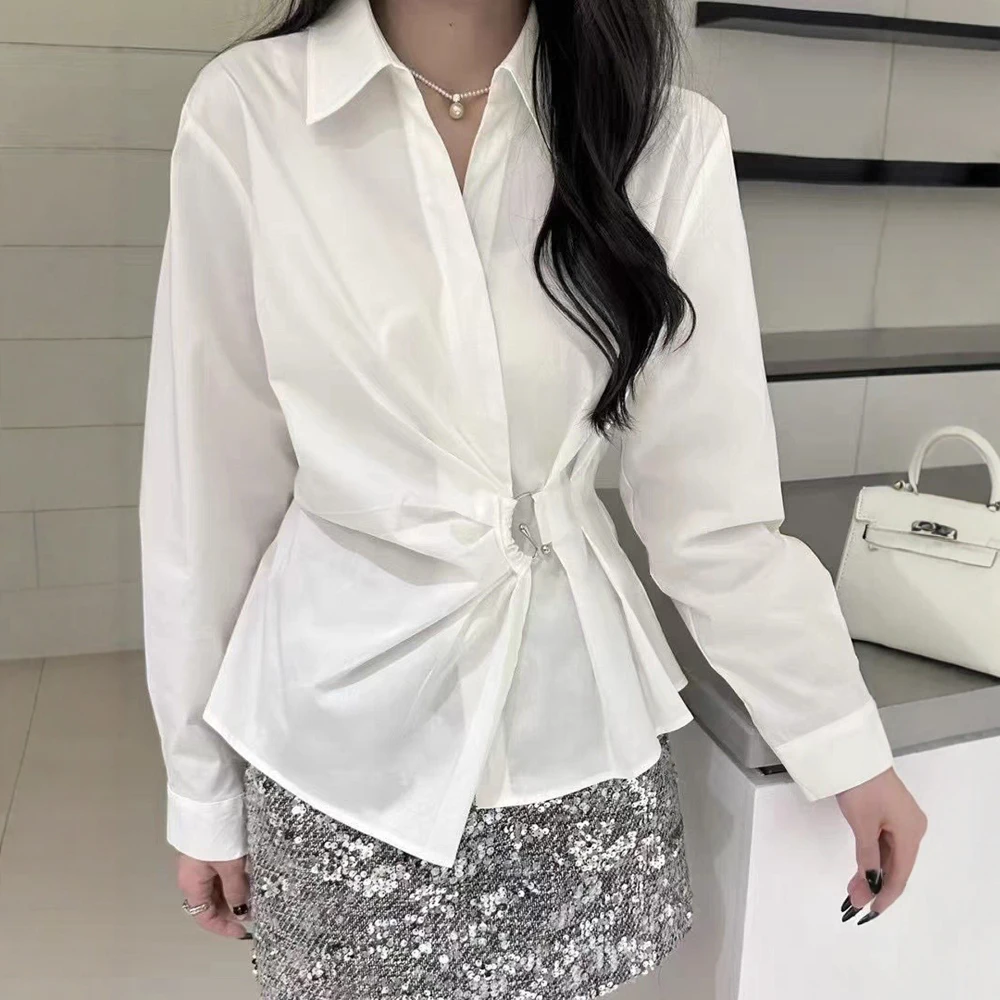 

Женская приталенная рубашка с длинным рукавом, осень-зима, однотонный повседневный топ с воротником