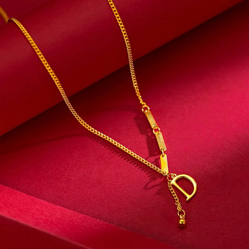 9999 Real Gold 24K Fashion Trend English Letter D Set Chain ins Wind D Necklace Women's