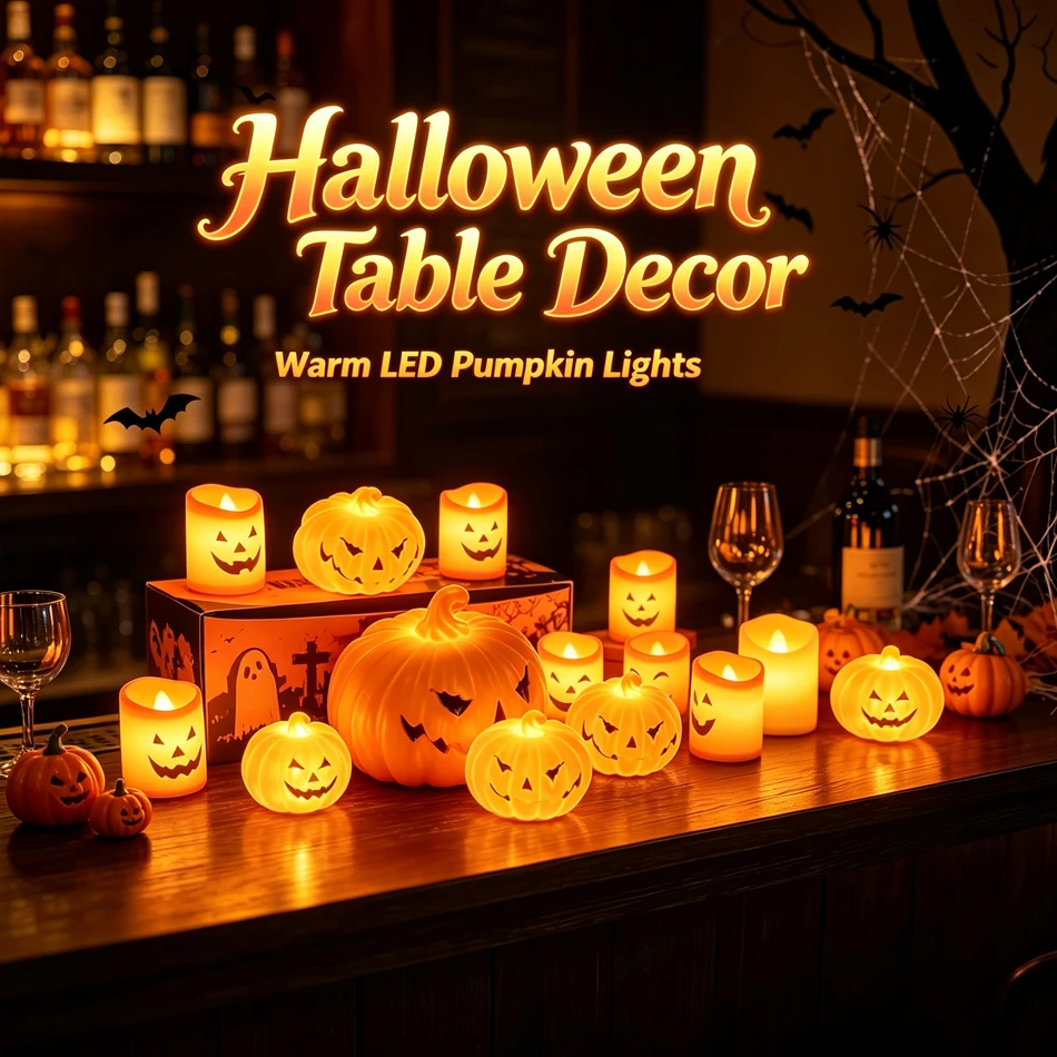 24pcs LED Candle Light Battery Powered Pumpkin Skull Ghost Spooky Light Halloween Party Decora Ambiance Electronic Candle Lights