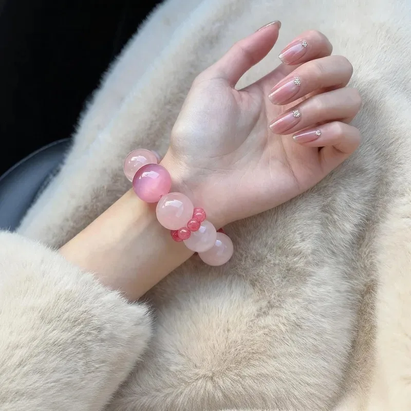 Natural powder crystal rosestone bracelet, white crystal snowflake ghost original beaded bracelet, Peach Blossom Crystal Girl
