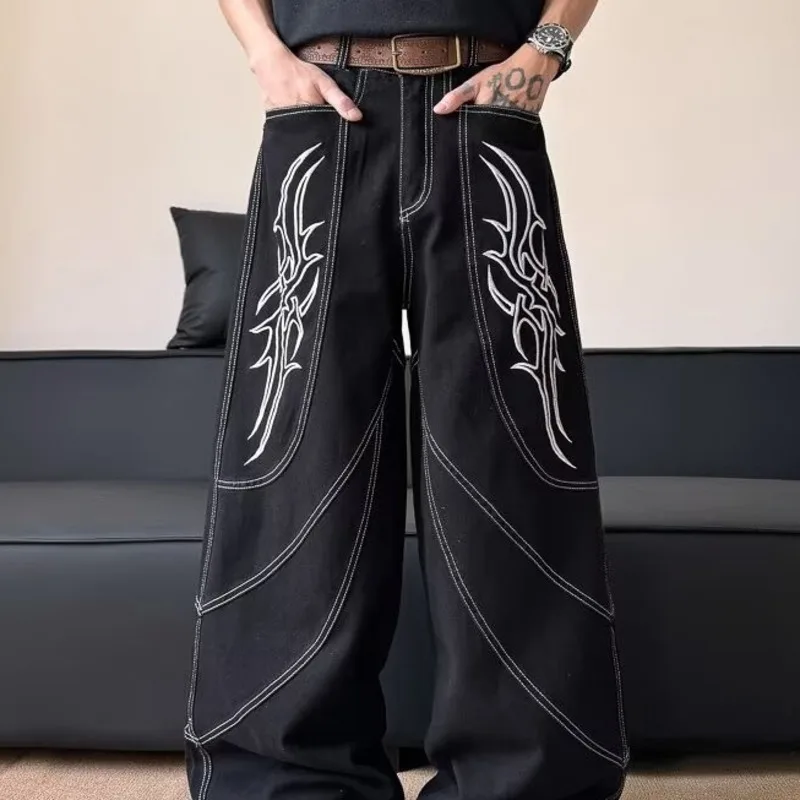 HKSH Primavera Estate Nuovi Uomini Marea Y2K Moda giovanile High Street Chic Jeans Fiamma Ricamo Lavato Pantaloni larghi a gamba larga Ins HK5246
