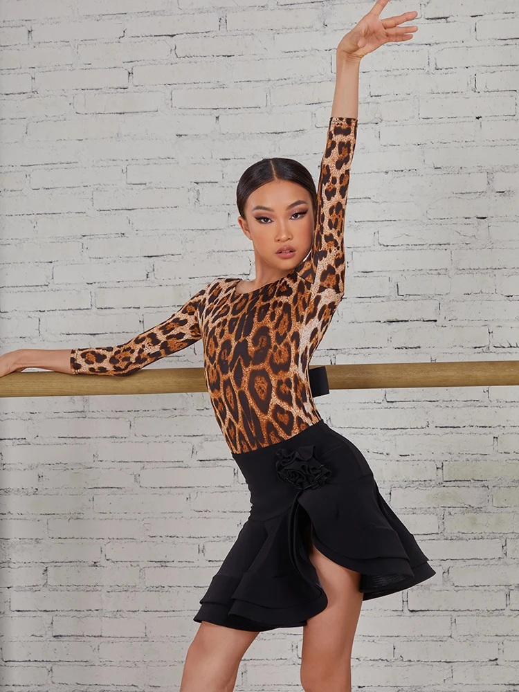 2024 ZYM Latin Dance Tops For Girls Sexy Backless Leopard Bodysuit Children Practice Clothes Chacha Latin Dance Dress DQS15482