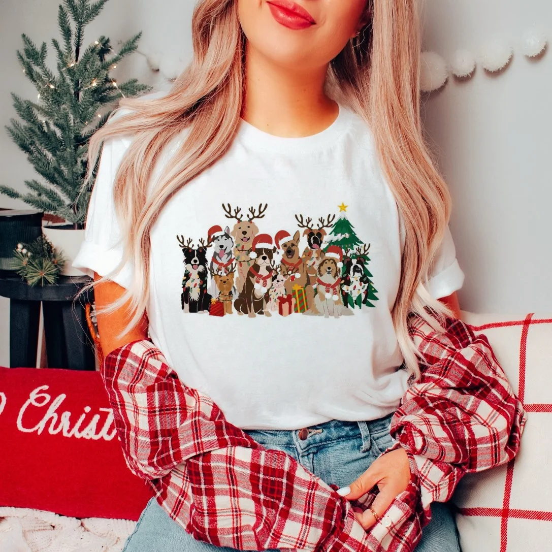 Women's O-Neck New Year Vintage Christmas Dogs Reindeer Vibes Print T-Shirt Christmas Women's Plus Size Loose Base Top T-Shirt