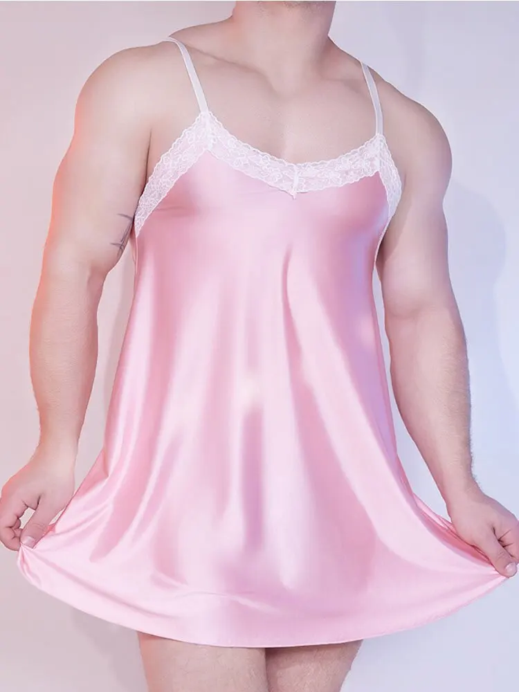 New Style Luxury Nightgown Men's Sleep Wear Lace Satin Nightdress Sissy Lingerie Adjustable Halter Silk Sleepshirts Night Dress